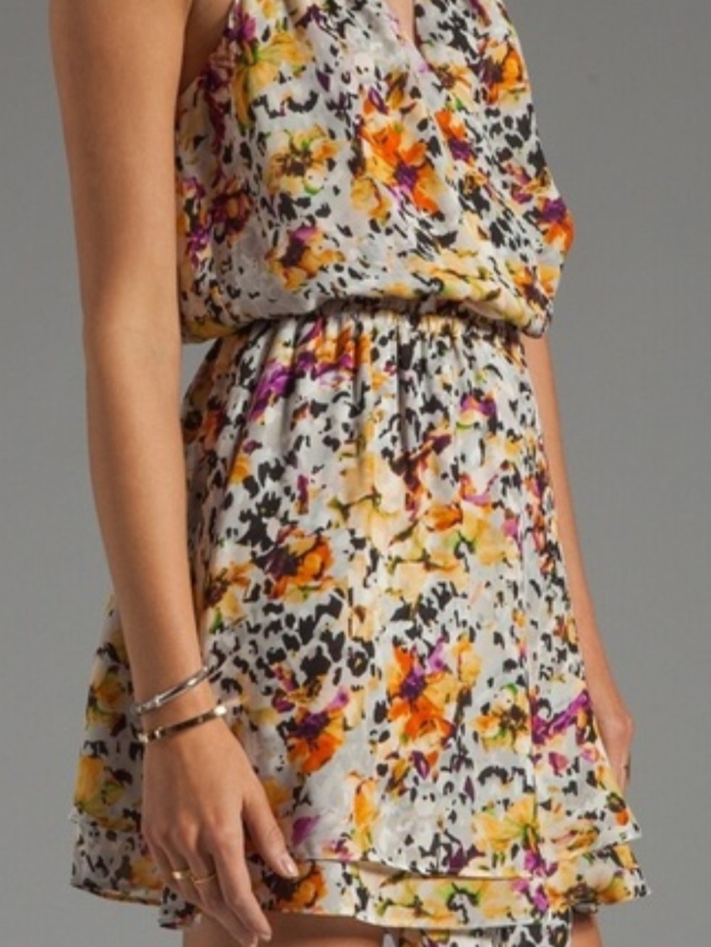 Parker-Kate-Silk Floral Wrap Mini Dress Leather Details Racer Back-Medium